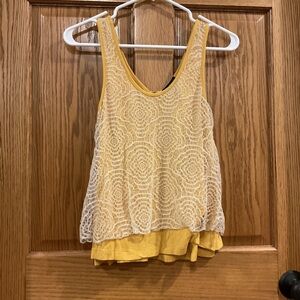 Yellow lace overlay tank w/ back zip boho layered Miss Chevious M